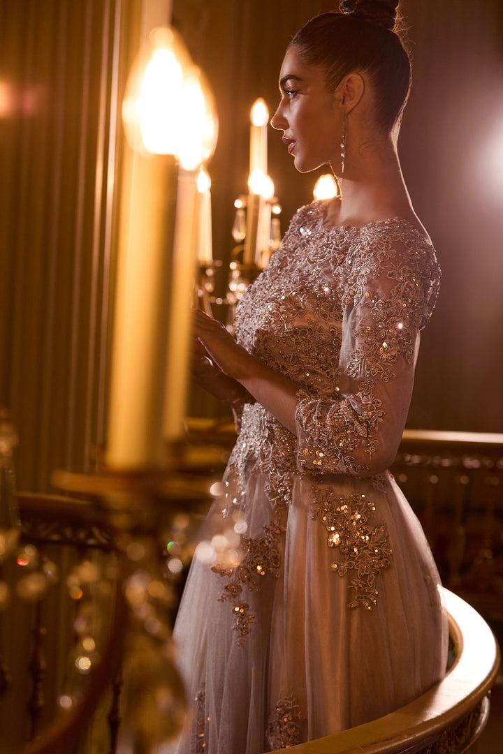 Applique Tulle 3/4 Sleeve A-line Gown by Ladivine J883
