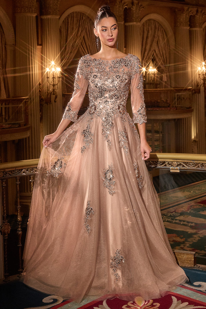 Applique Tulle 3/4 Sleeve A-line Gown by Ladivine J883