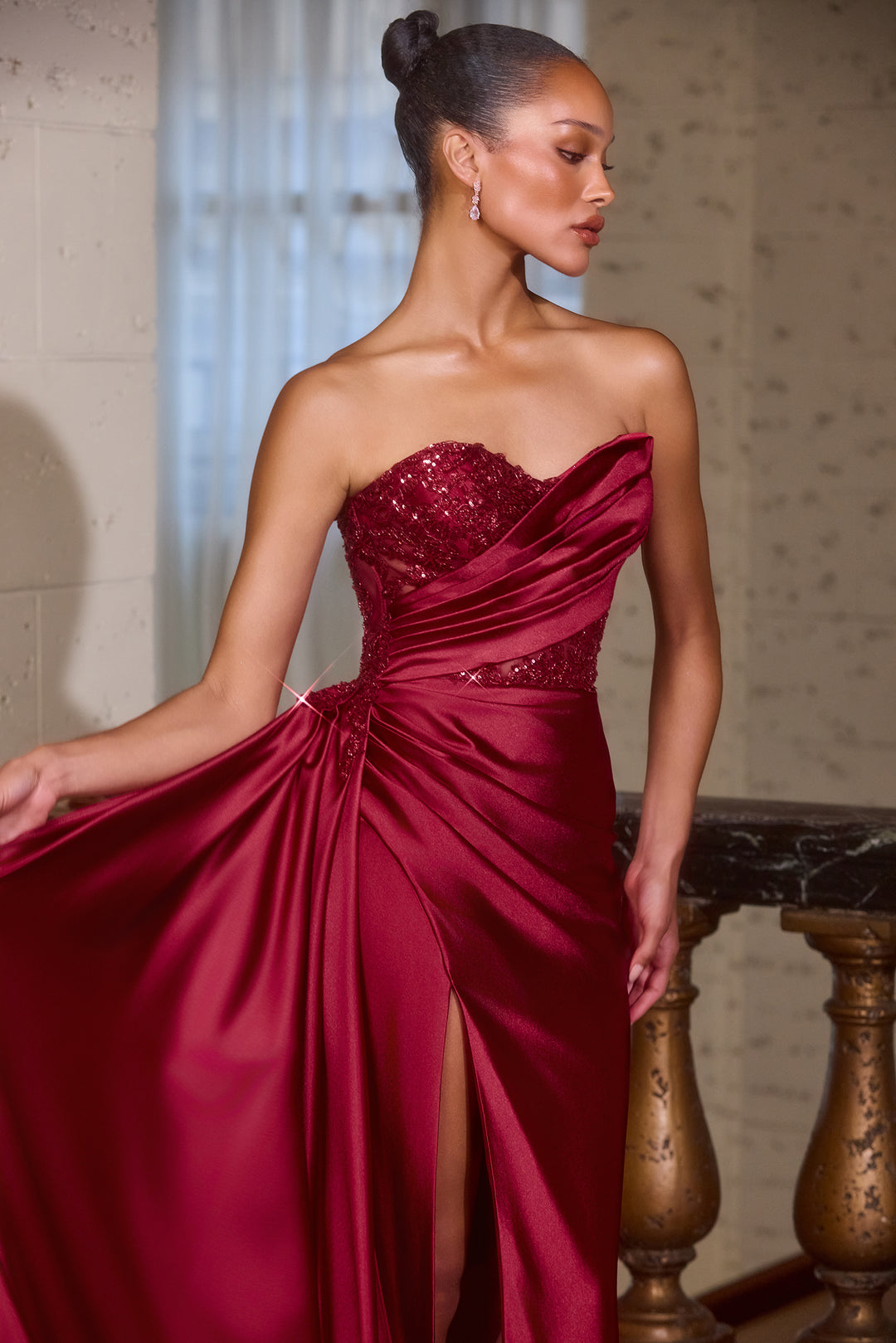 Beaded Satin Strapless Slit Gown by Ladivine J887