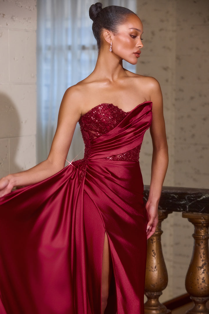 Beaded Satin Strapless Slit Gown by Ladivine J887