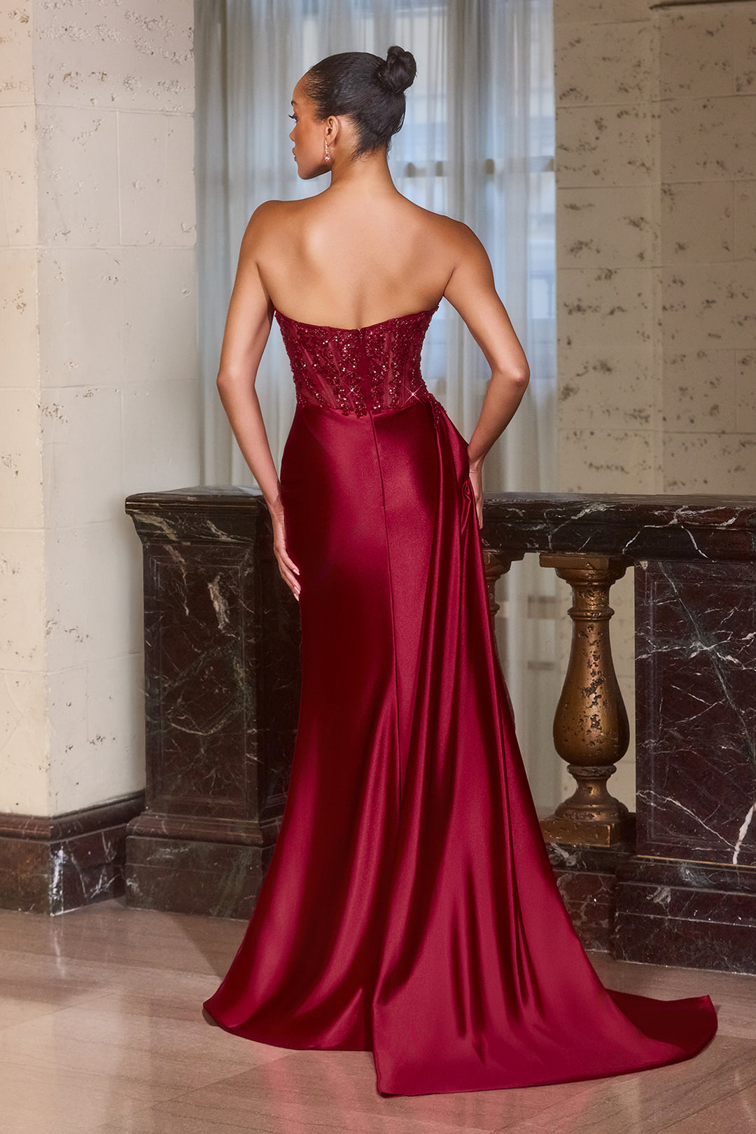 Beaded Satin Strapless Slit Gown by Ladivine J887