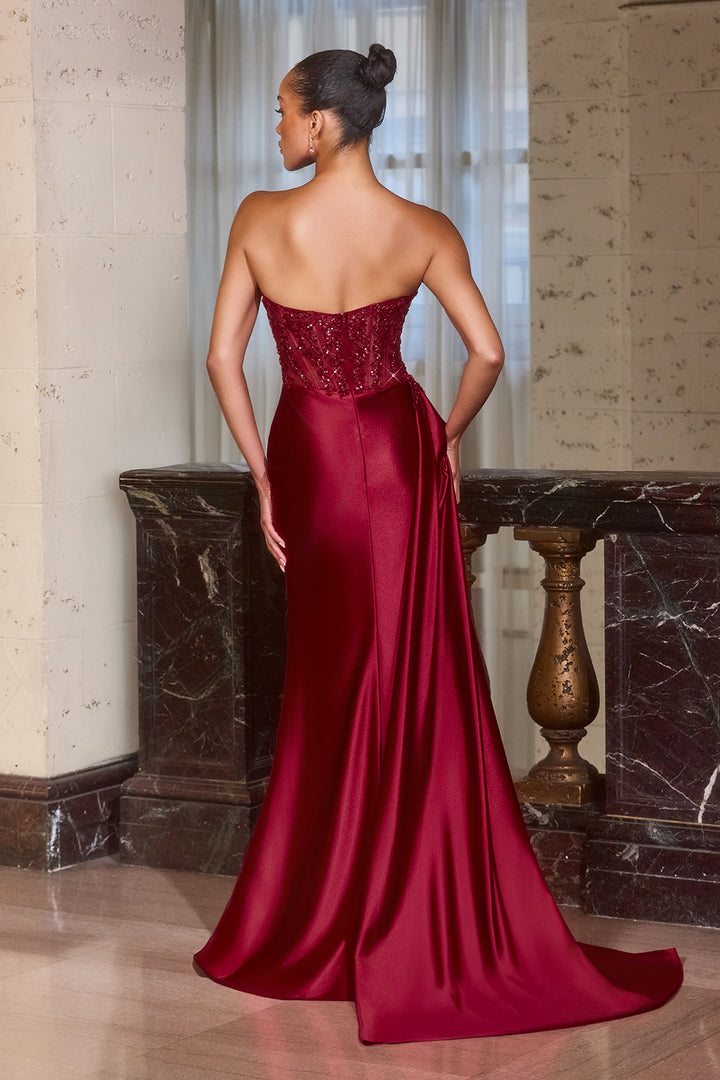 Beaded Satin Strapless Slit Gown by Ladivine J887