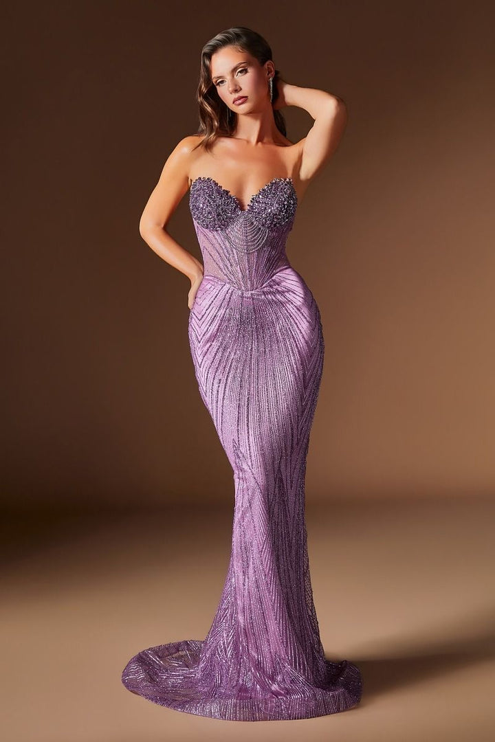 Beaded Fitted Strapless Gown by Ladivine J903
