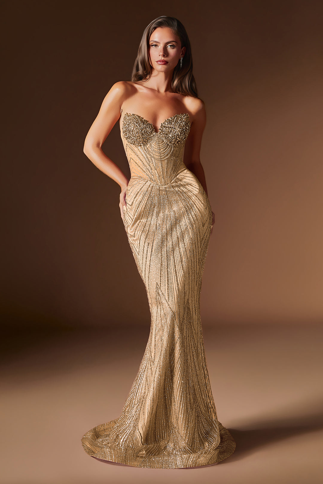 Beaded Fitted Strapless Gown by Ladivine J903