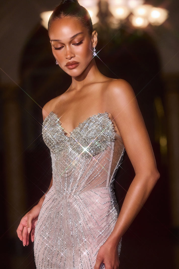 Beaded Fitted Strapless Gown by Ladivine J903
