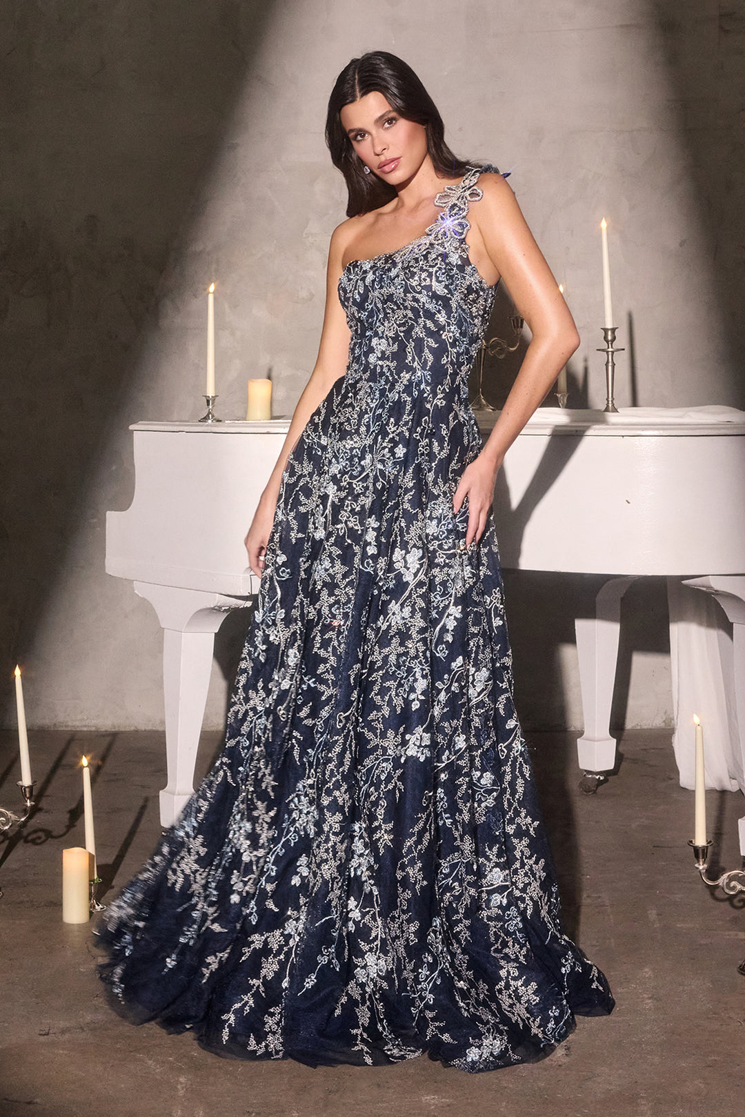 Applique One Shoulder A-line Gown by Ladivine J909