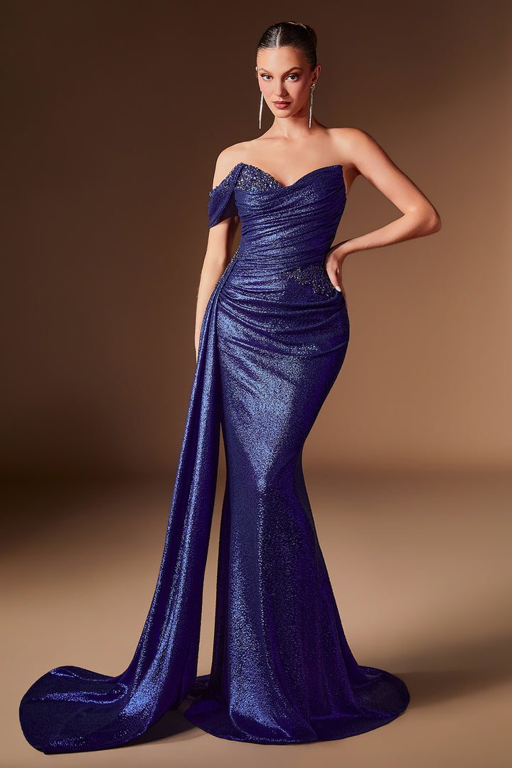 Metallic Fitted One Shoulder Gown by Ladivine J913
