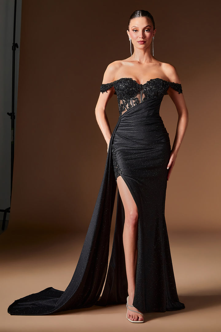 Applique Glitter Off Shoulder Slit Gown by Ladivine J914