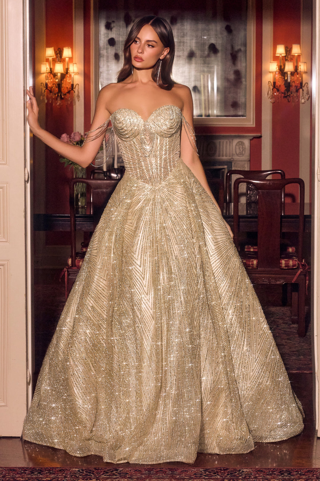 Glitter Off Shoulder A-line Gown by Ladivine J915