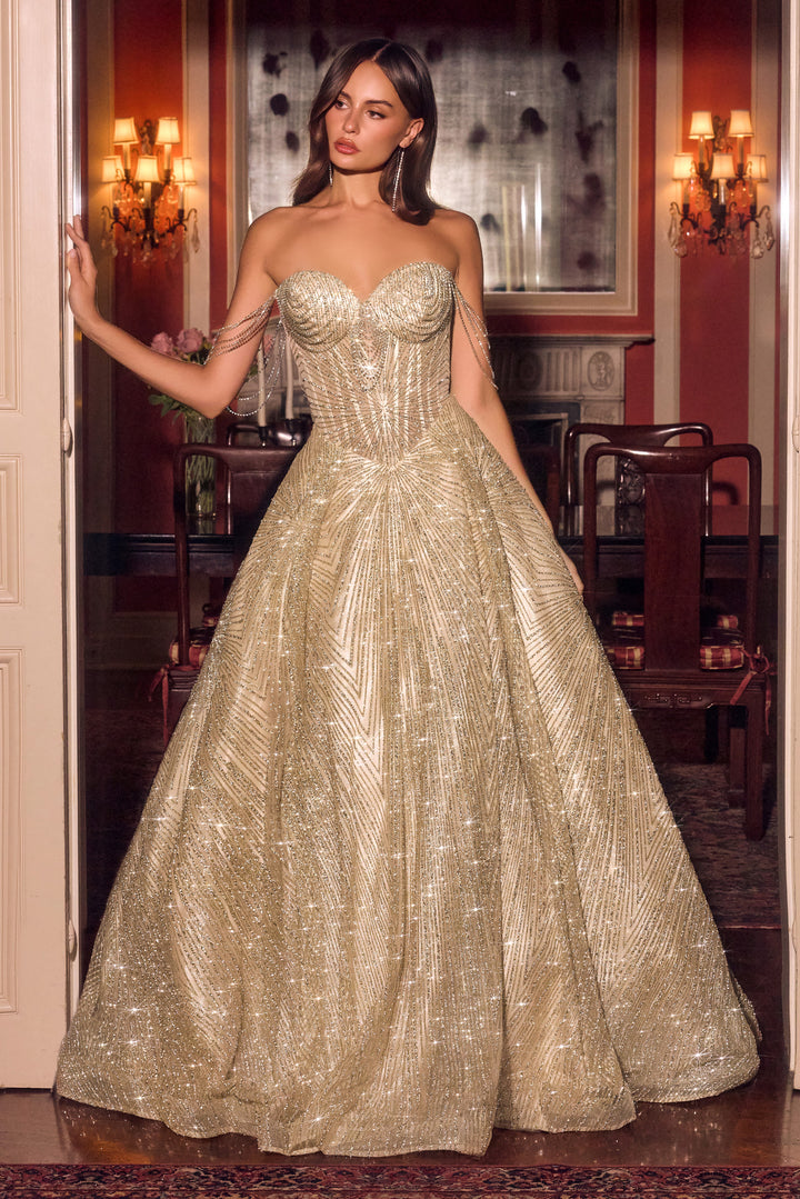 Glitter Off Shoulder A-line Gown by Ladivine J915