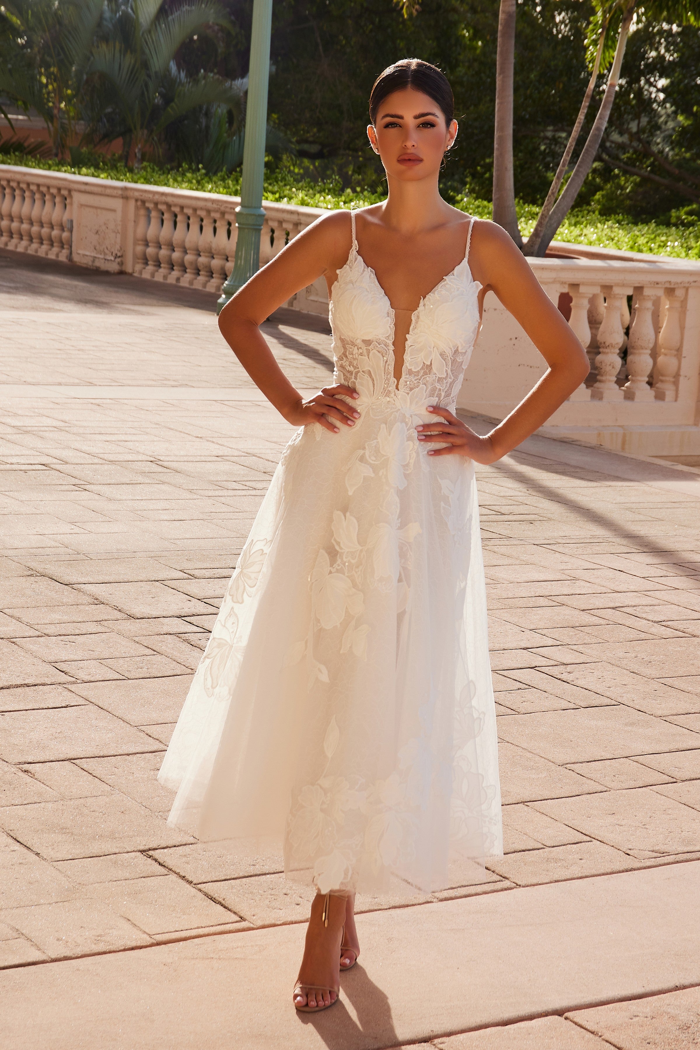 V-Neck Tea Length Bridal Dress by Nox Anabel JE1027 – ABC Fashion