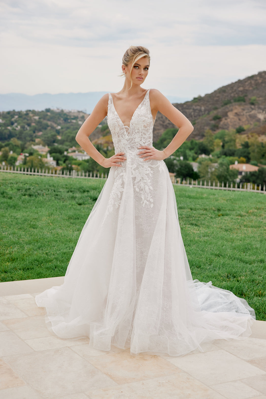 Applique V-Neck A-line Bridal Gown by Nox Anabel JE1060L 8 / White/Nude