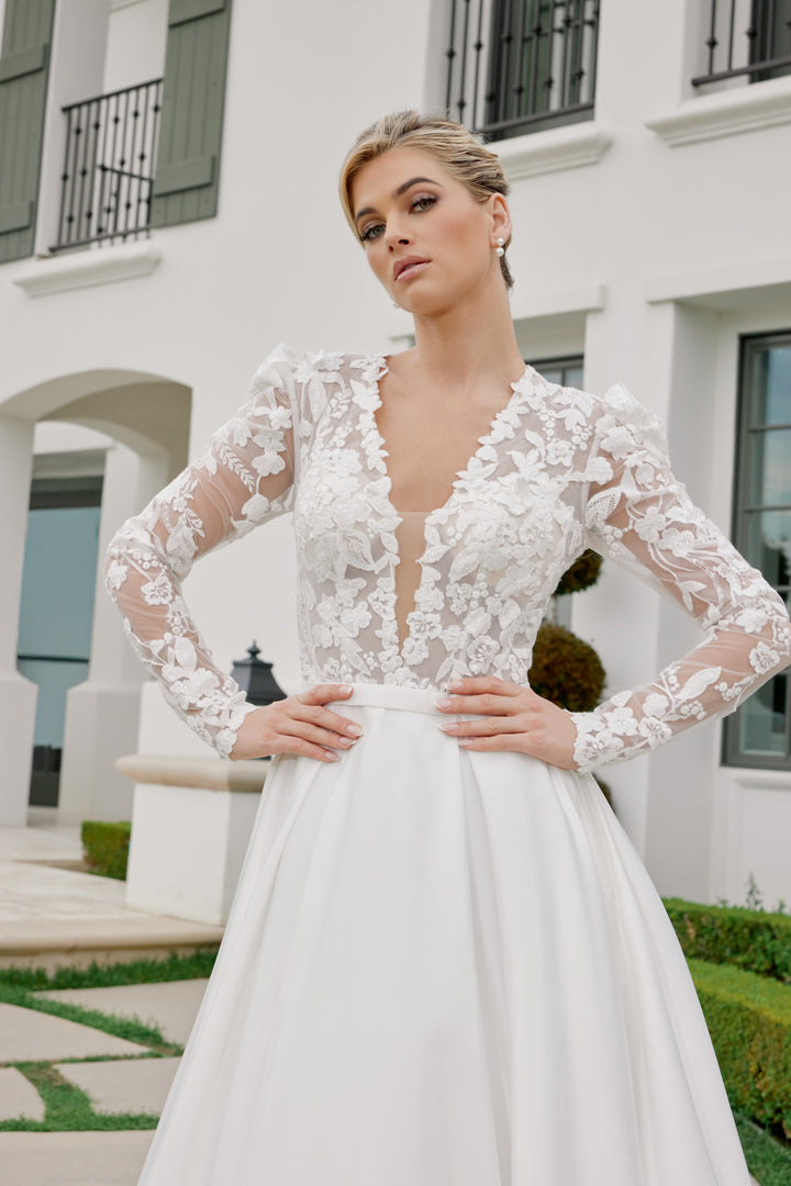 Applique Long Sleeve A-line Bridal Gown by Nox Anabel JE1078