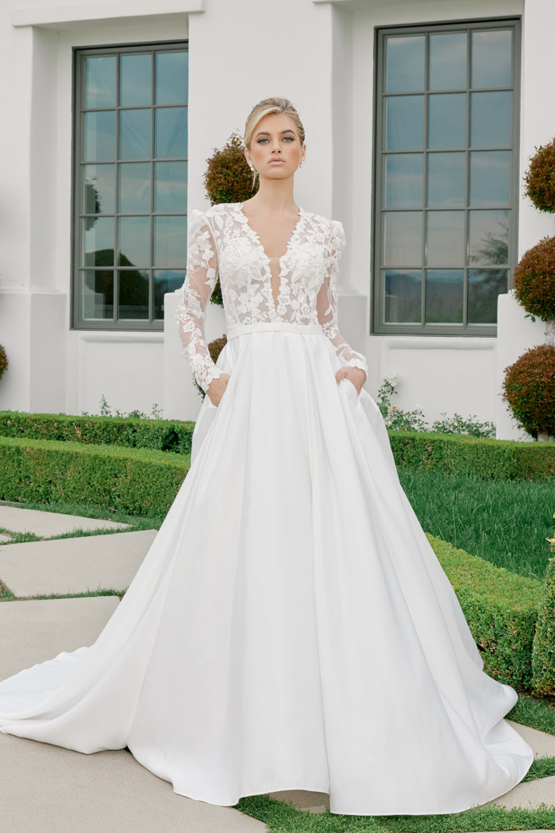 a line long sleeve wedding dresses Applique Long Sleeve A-line Bridal Gown by Nox Anabel JE1078 8 / White