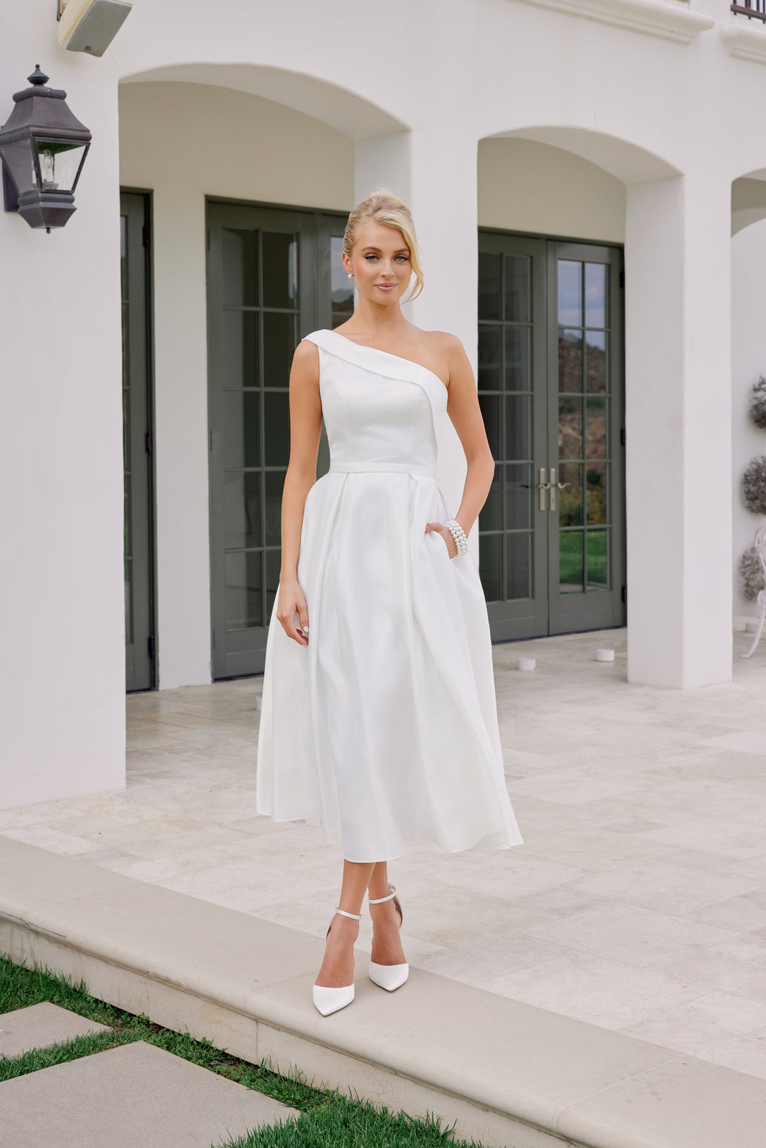 White One Shoulder Tea Length Dress by Nox Anabel JE931W
