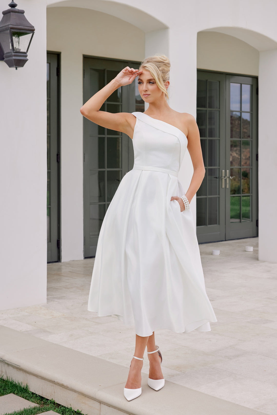 White One Shoulder Tea Length Dress by Nox Anabel JE931W