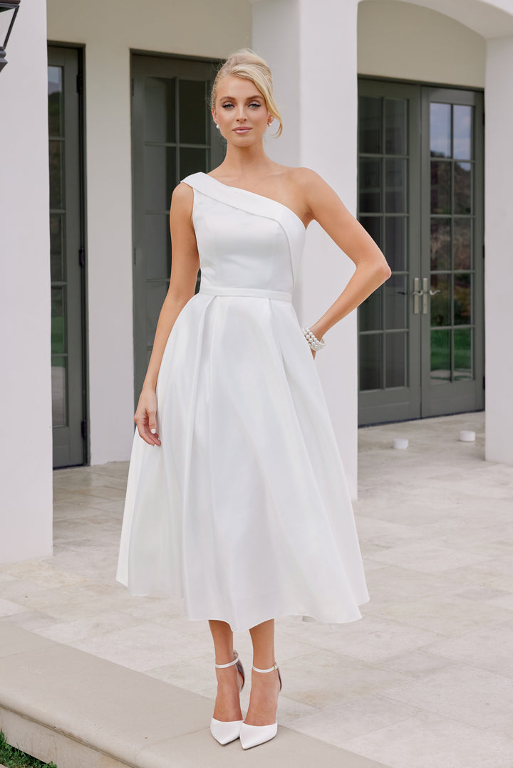 White One Shoulder Tea Length Dress by Nox Anabel JE931W