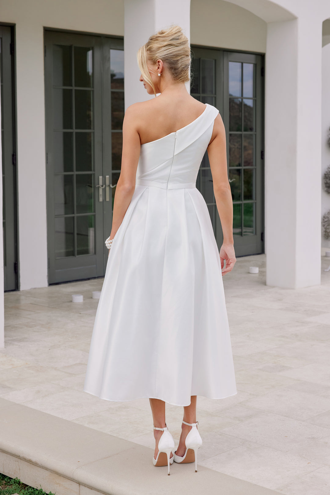 White One Shoulder Tea Length Dress by Nox Anabel JE931W
