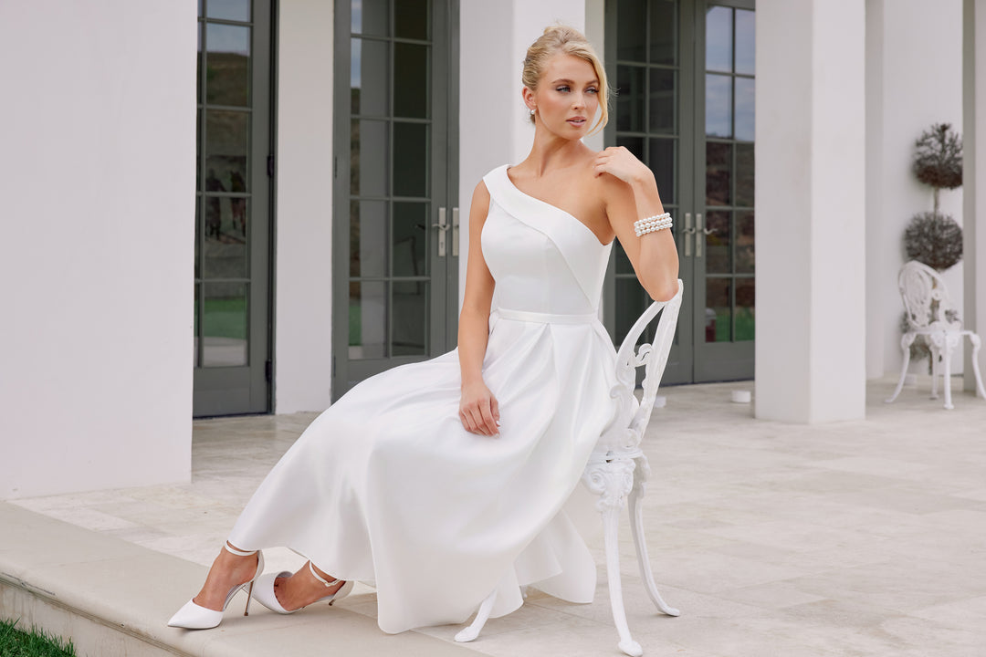 White One Shoulder Tea Length Dress by Nox Anabel JE931W