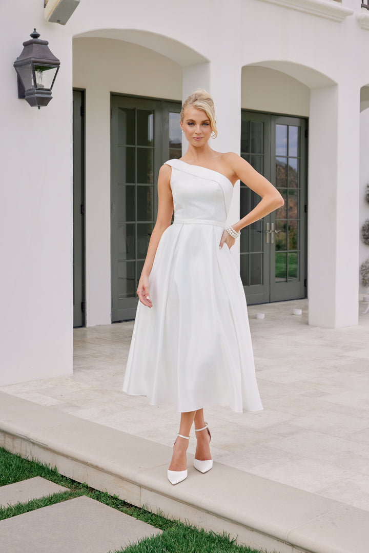 White One Shoulder Tea Length Dress by Nox Anabel JE931W