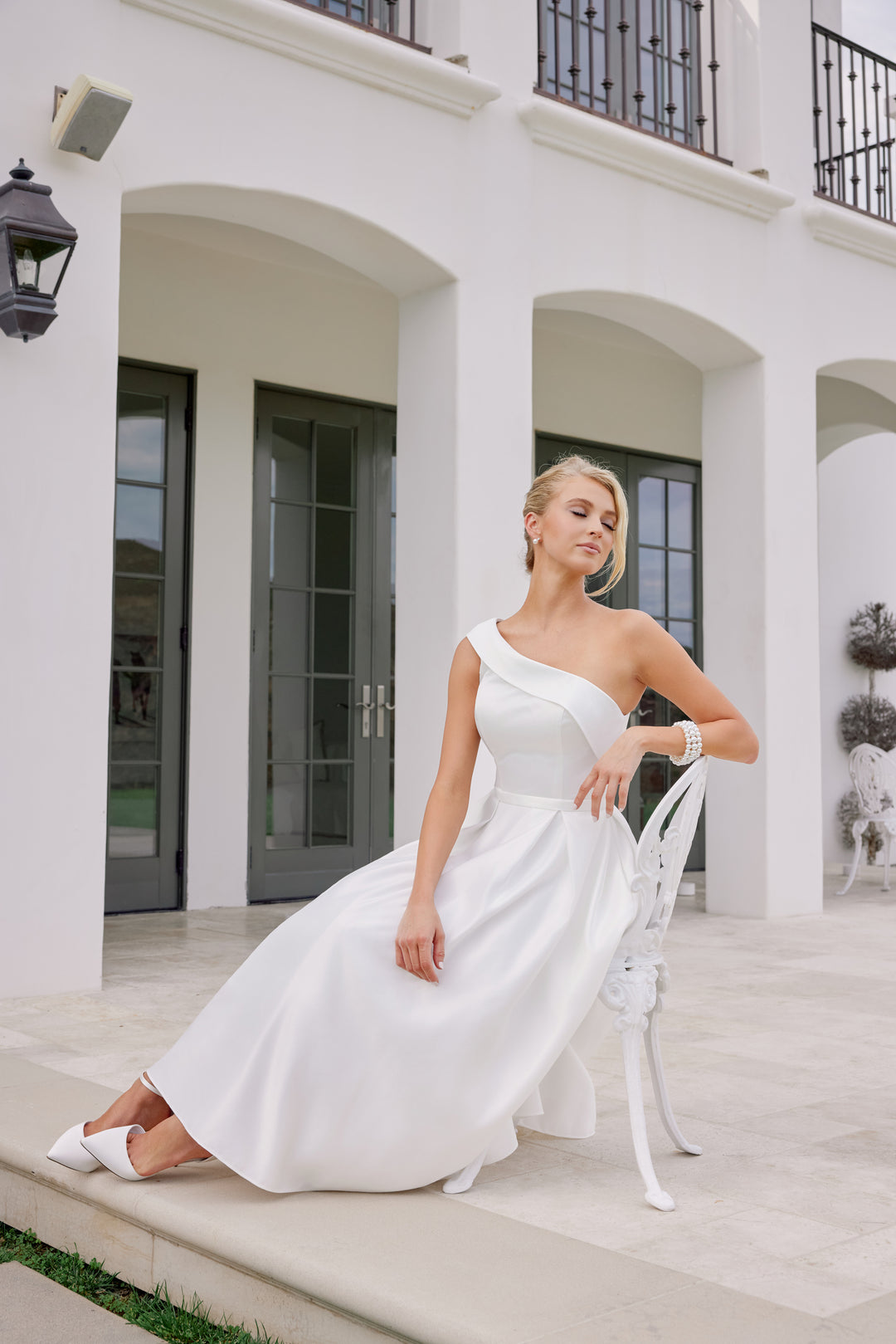 White One Shoulder Tea Length Dress by Nox Anabel JE931W