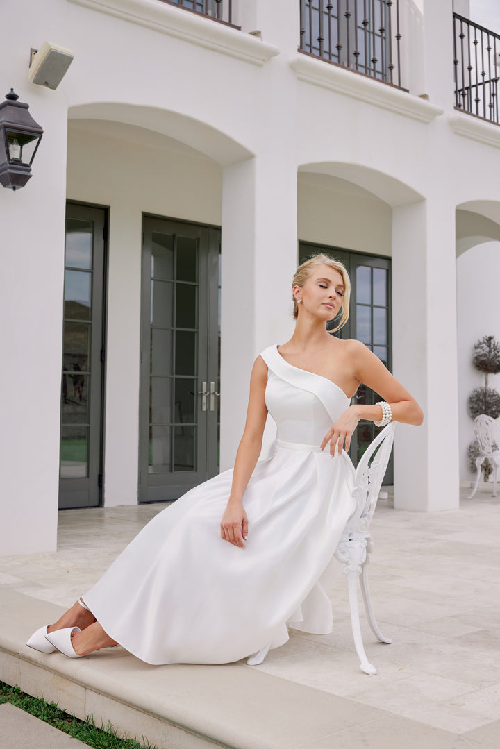 White One Shoulder Tea Length Dress by Nox Anabel JE931W