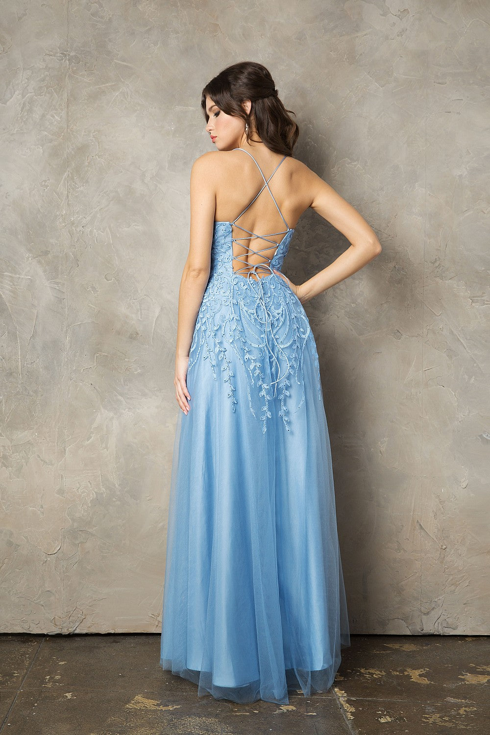 Embroidered Lace-Up Back A-line Slit Gown by Juno 0936