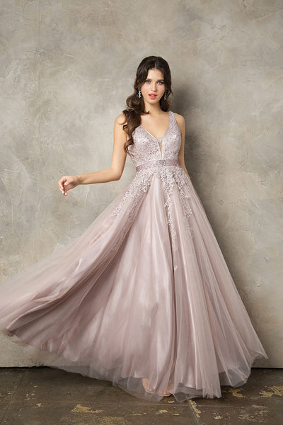 Floral Applique Sleeveless A-line Tulle Gown by Juno 0950