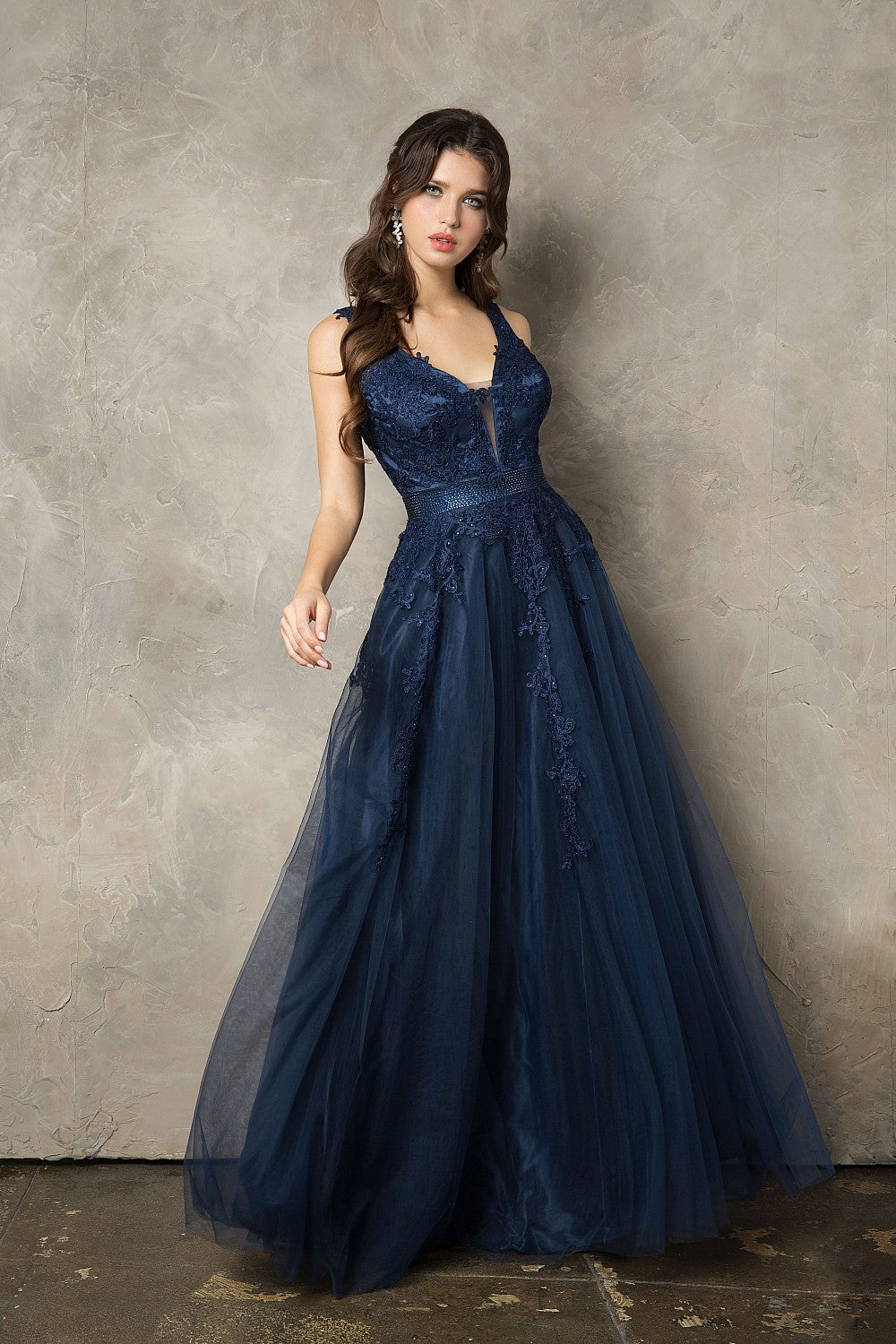 Floral Applique Sleeveless A-line Tulle Gown by Juno 0950
