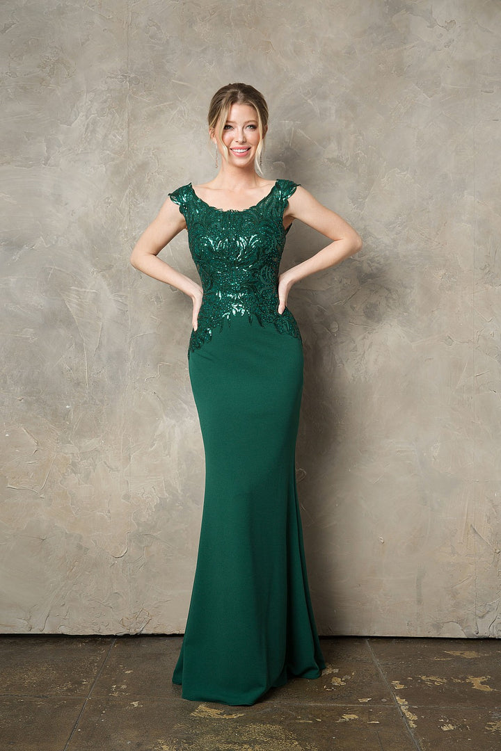 Sequin Embroidered Fitted Cap Sleeve Gown by Juno 0957