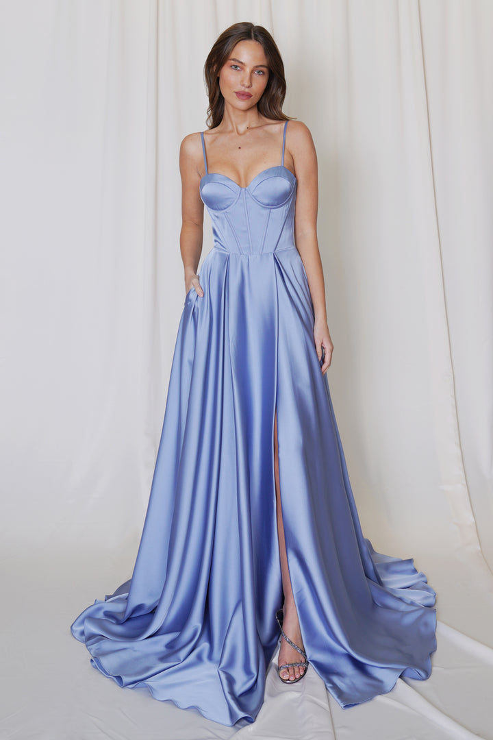 Satin Sleeveless A-line Slit Gown by Juno A1039