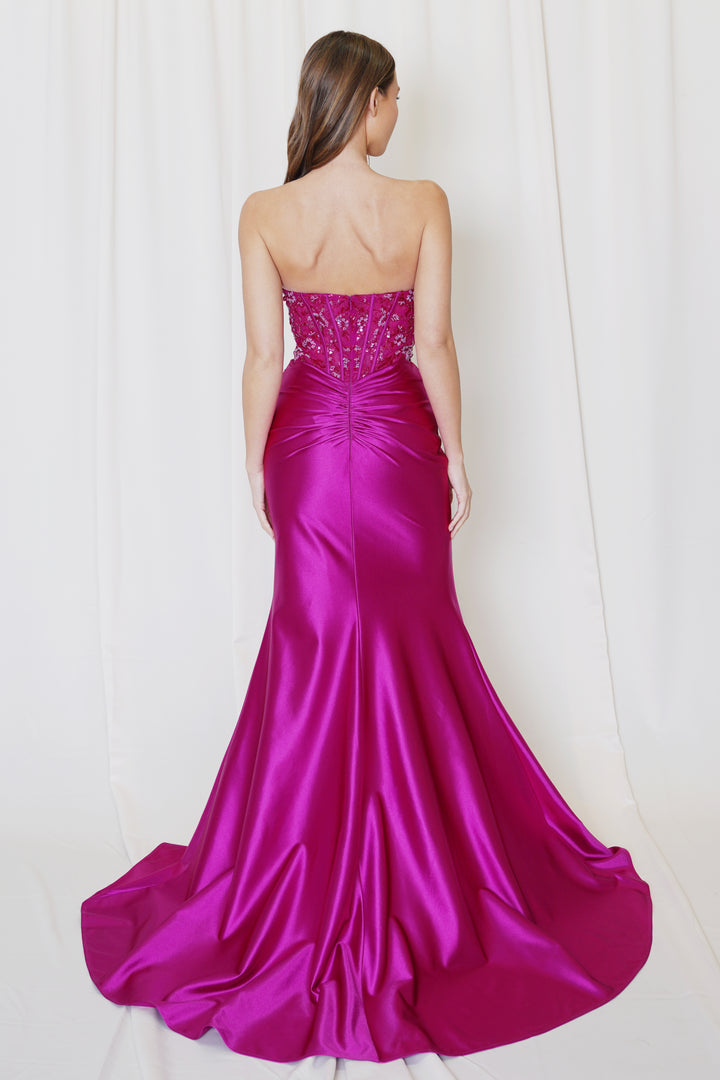 Satin Fitted Strapless Slit Gown by Juno M1045