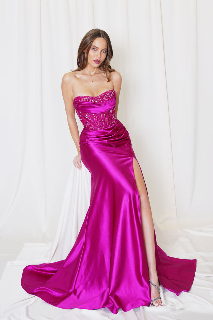 Satin Fitted Strapless Slit Gown by Juno M1045