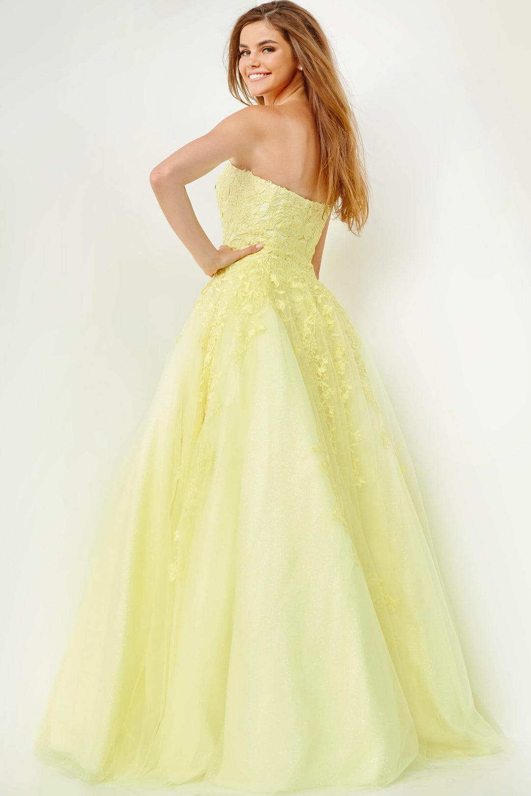Floral Applique Strapless A-line Gown by Jovani 1831