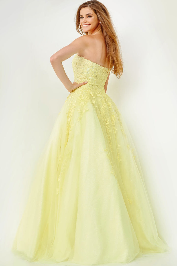 Floral Applique Strapless A-line Gown by Jovani 1831