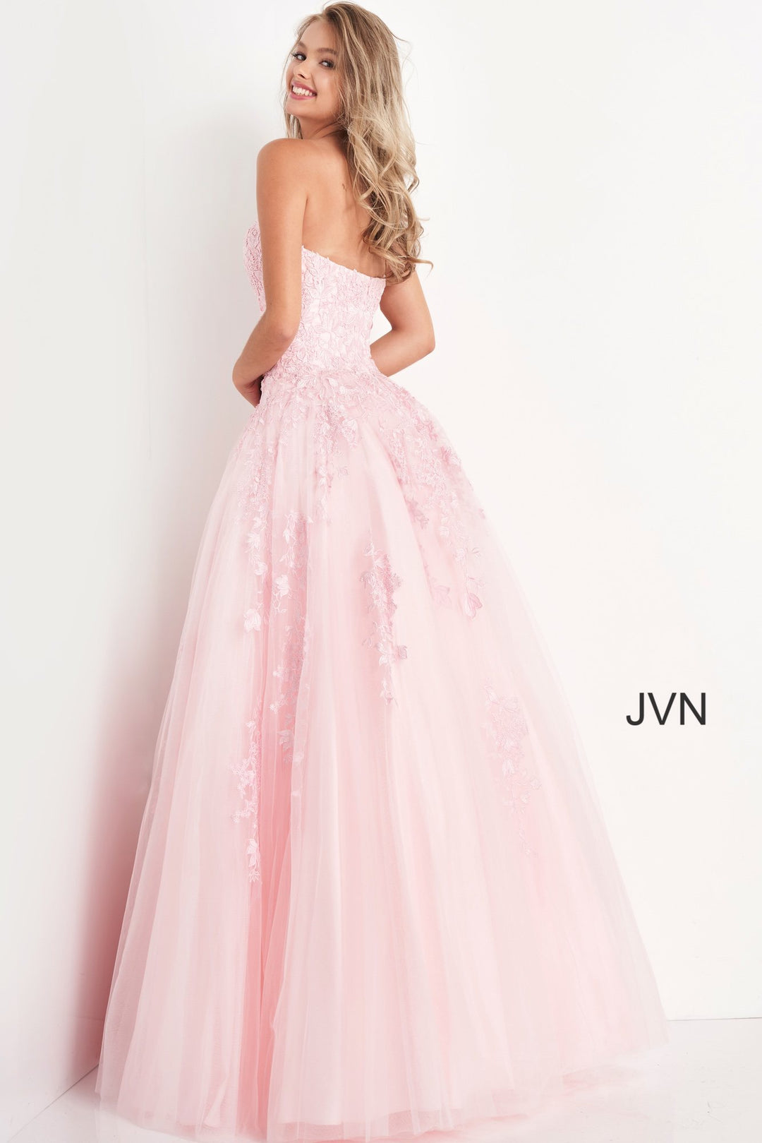 Floral Applique Strapless A-line Gown by Jovani 1831
