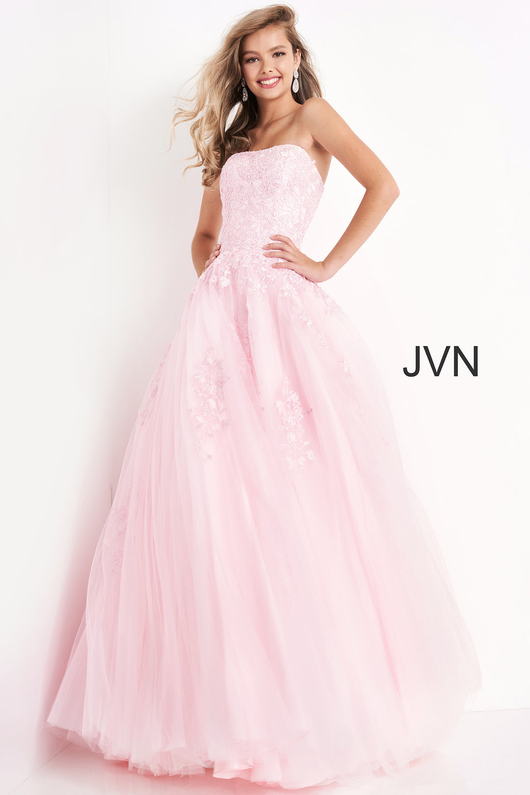 Floral Applique Strapless A-line Gown by Jovani 1831