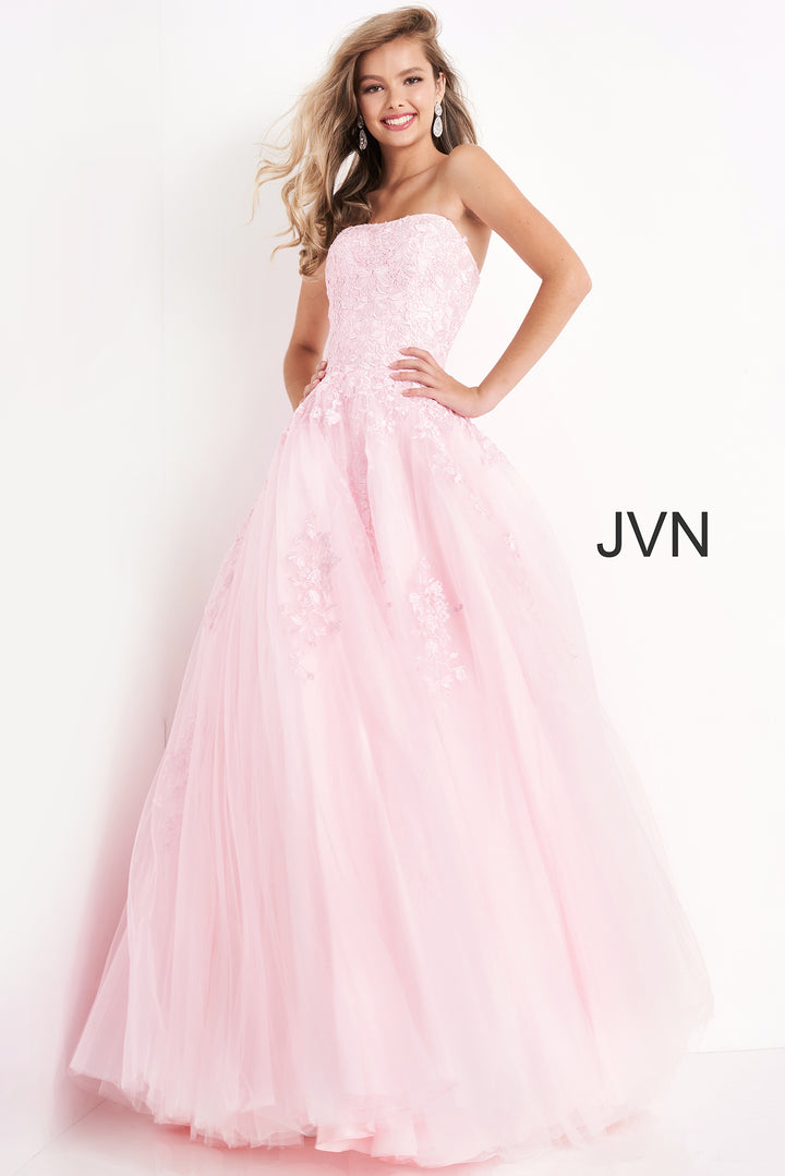 Floral Applique Strapless A-line Gown by Jovani 1831