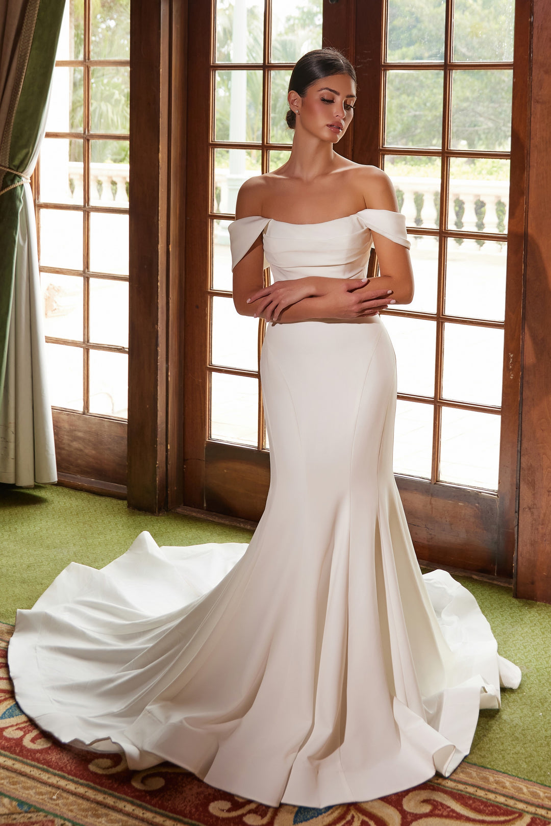 Satin Off Shoulder Bridal Gown by Nox Anabel JW1032 Satin Off Shoulder Bridal Gown by Nox Anabel JW1032