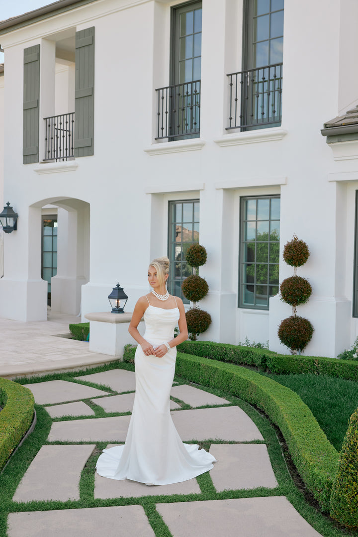 Satin Fitted Cowl Bridal Gown by Nox Anabel JW1047