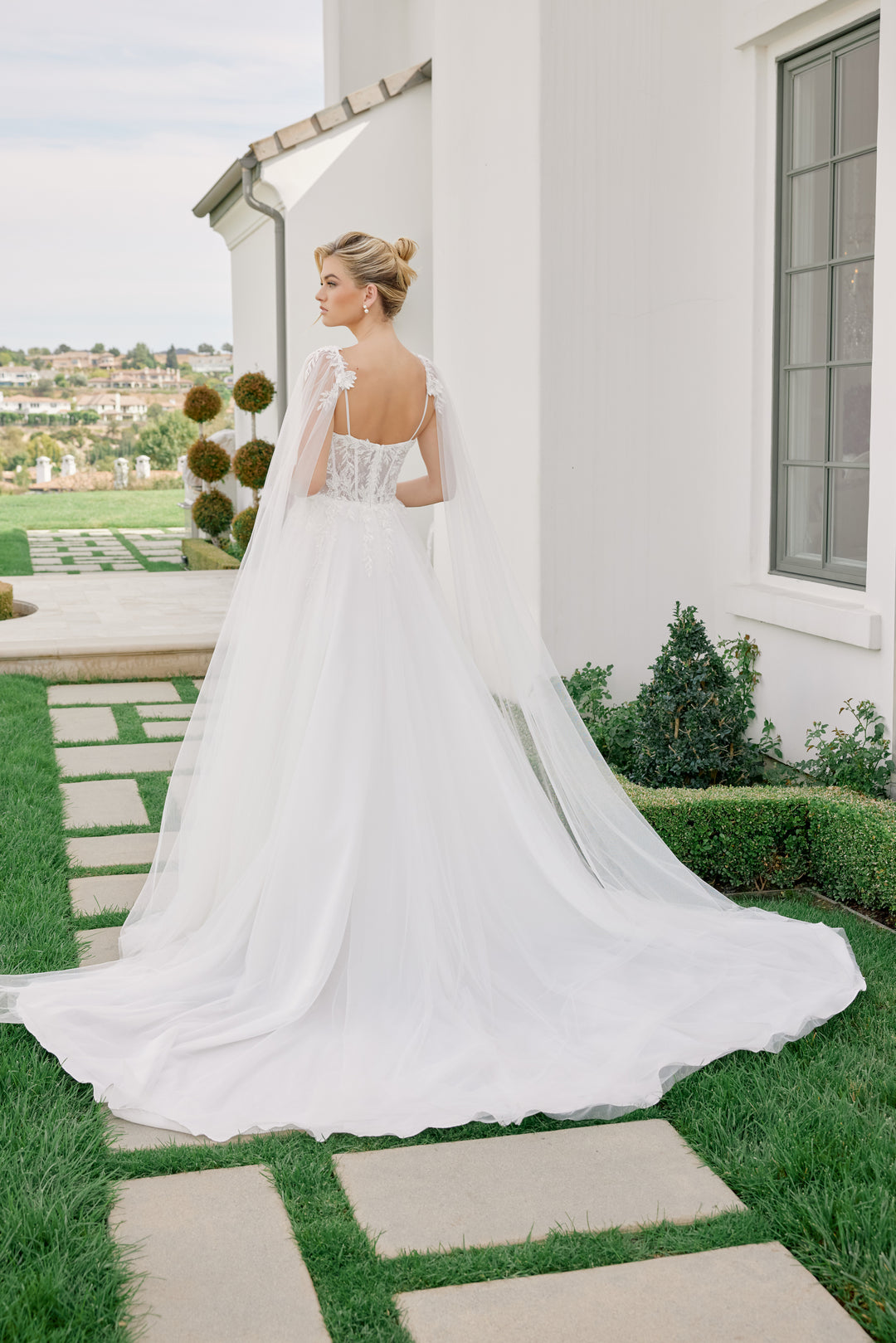 a line wedding dress with cape Lilac Lace Appliques V-Neck Illusion Cape A-Line Wedding Dress