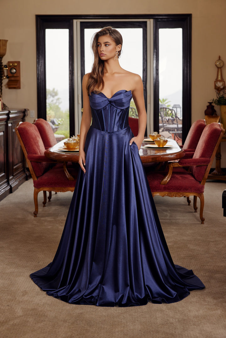 Satin Strapless A-line Gown by Nox Anabel K1735