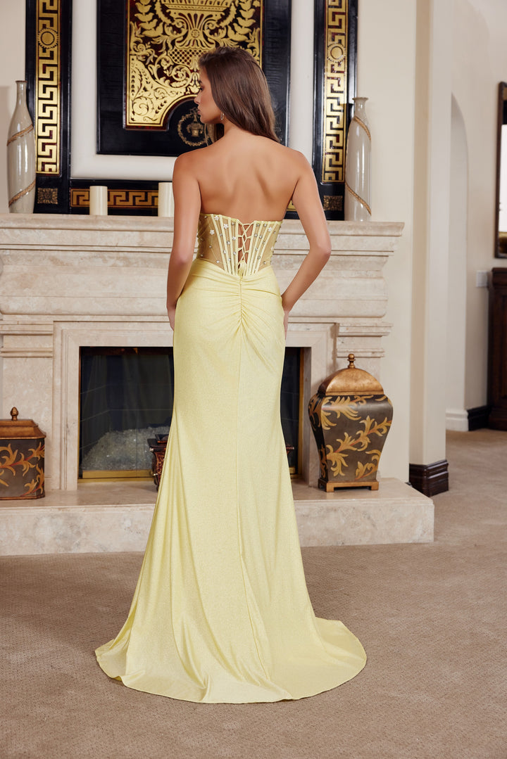 Beaded Fitted Strapless Slit Gown by Nox Anabel K1736