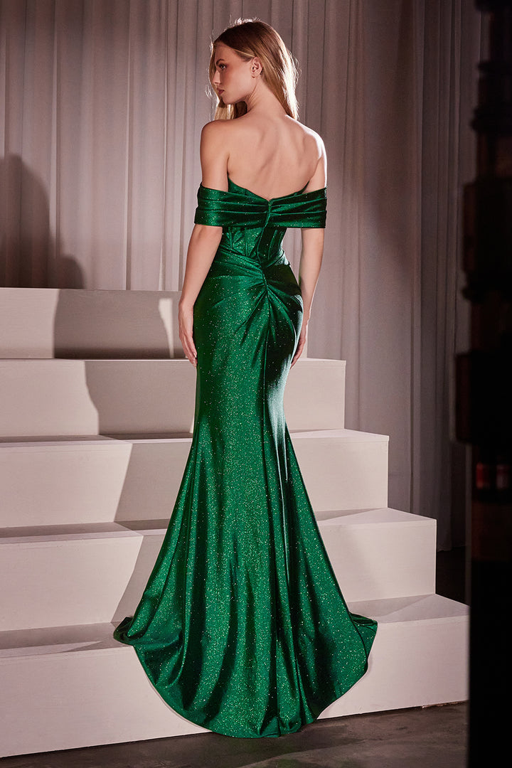 Glitter Satin Off Shoulder Slit Gown by Ladivine KV1115