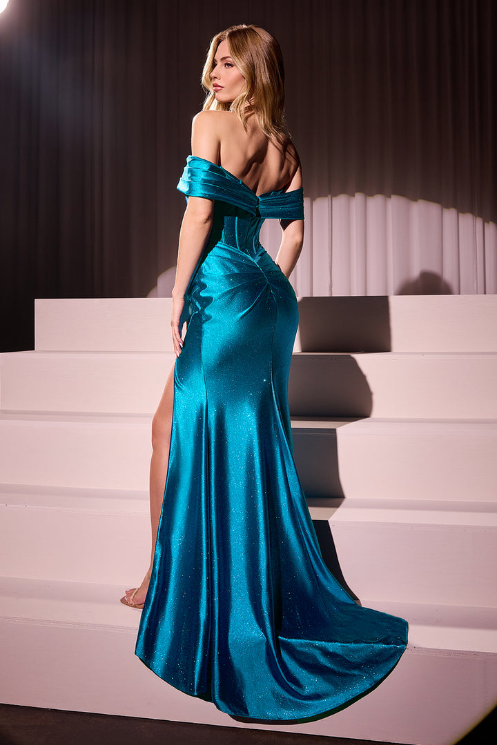 Glitter Satin Off Shoulder Slit Gown by Ladivine KV1115