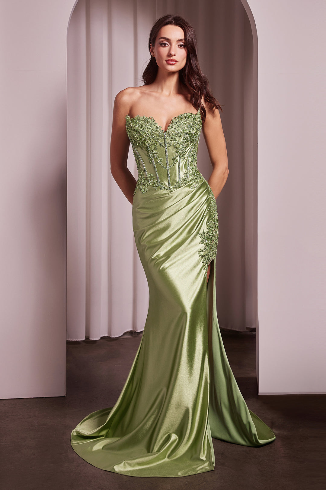 Applique Satin Strapless Slit Gown by Ladivine KV1116 - Outlet