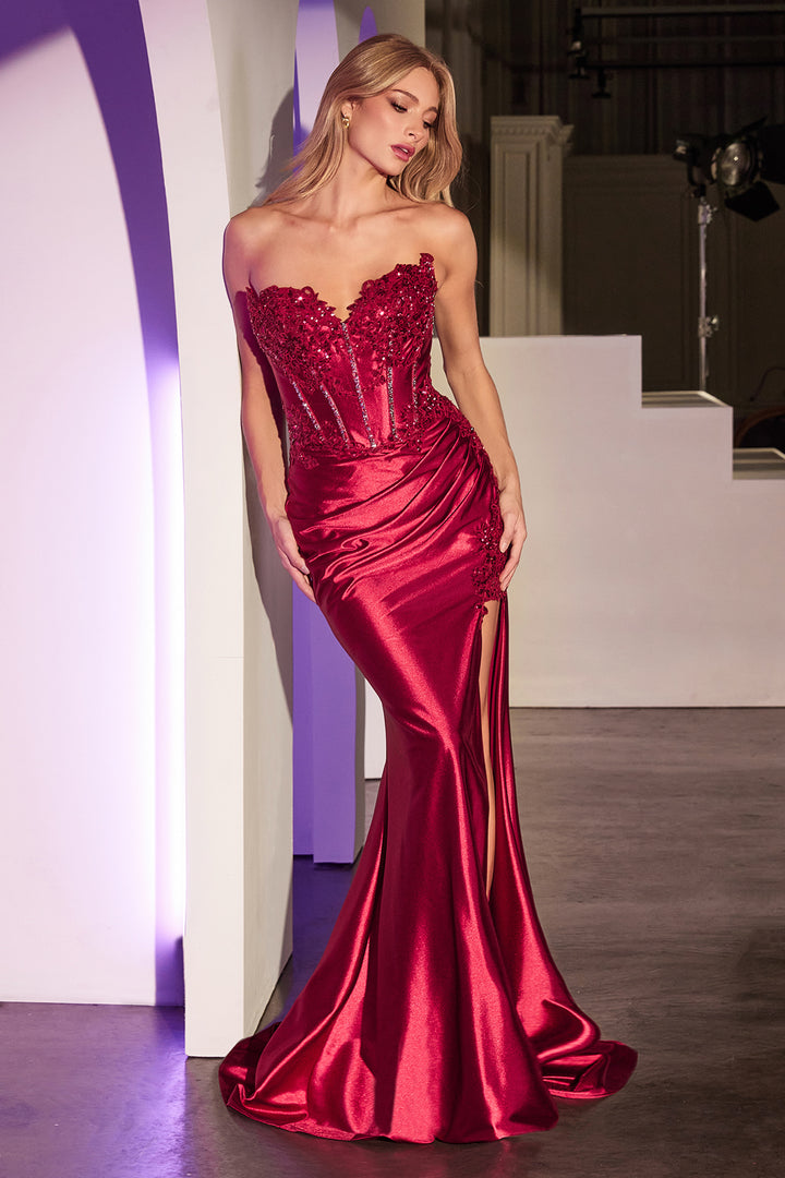 Applique Satin Strapless Slit Gown by Ladivine KV1116 - Outlet