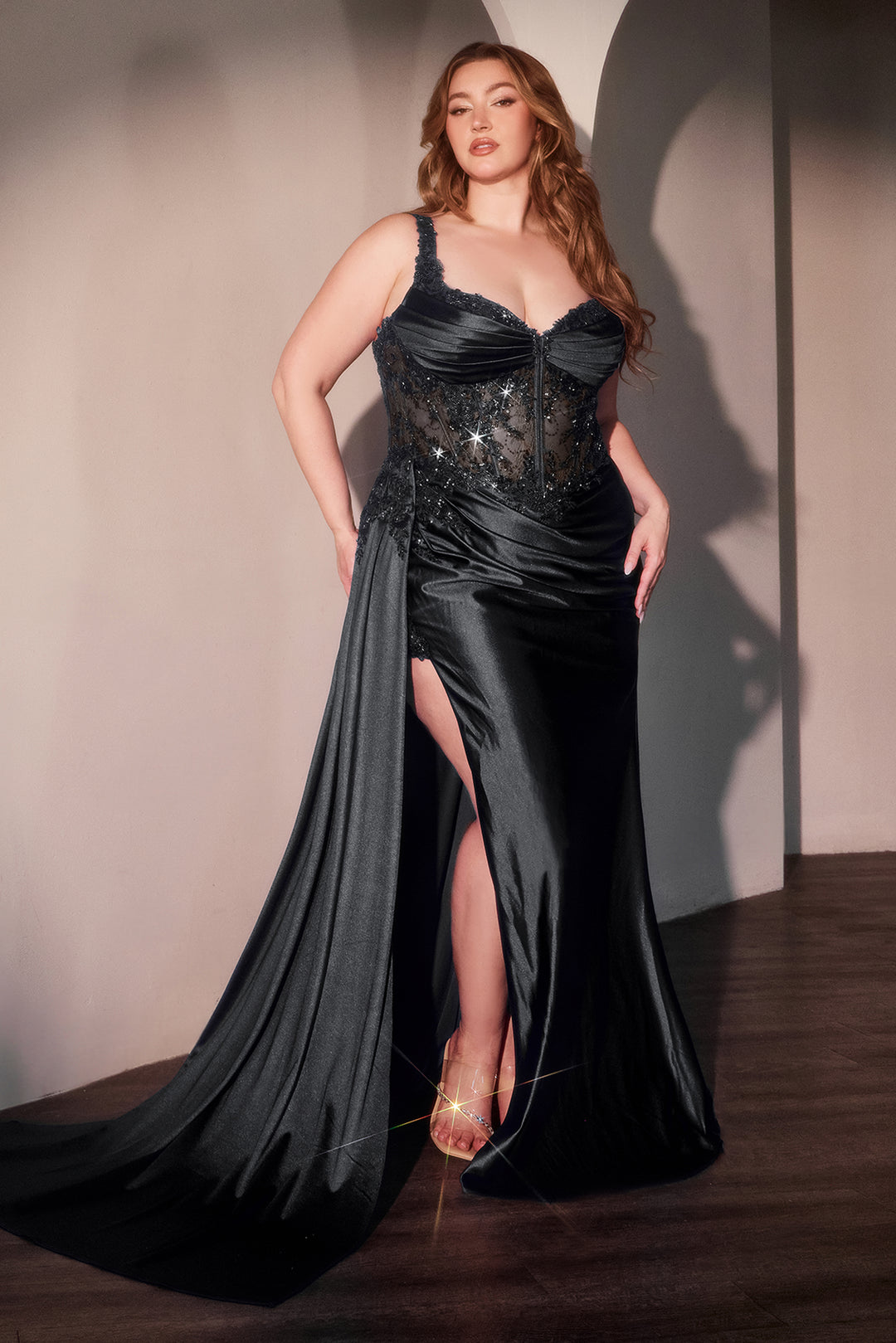 Applique Satin Sleeveless Slit Gown by Ladivine KV1125