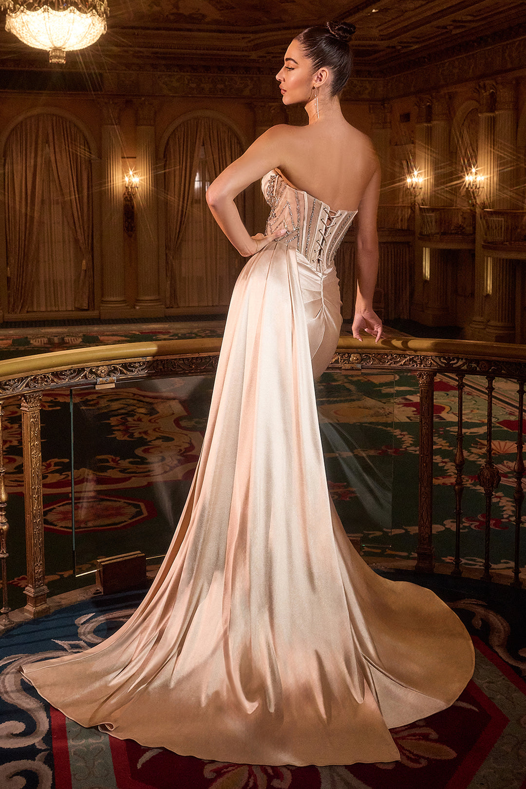 Beaded Satin Strapless Slit Gown by Ladivine KV1131