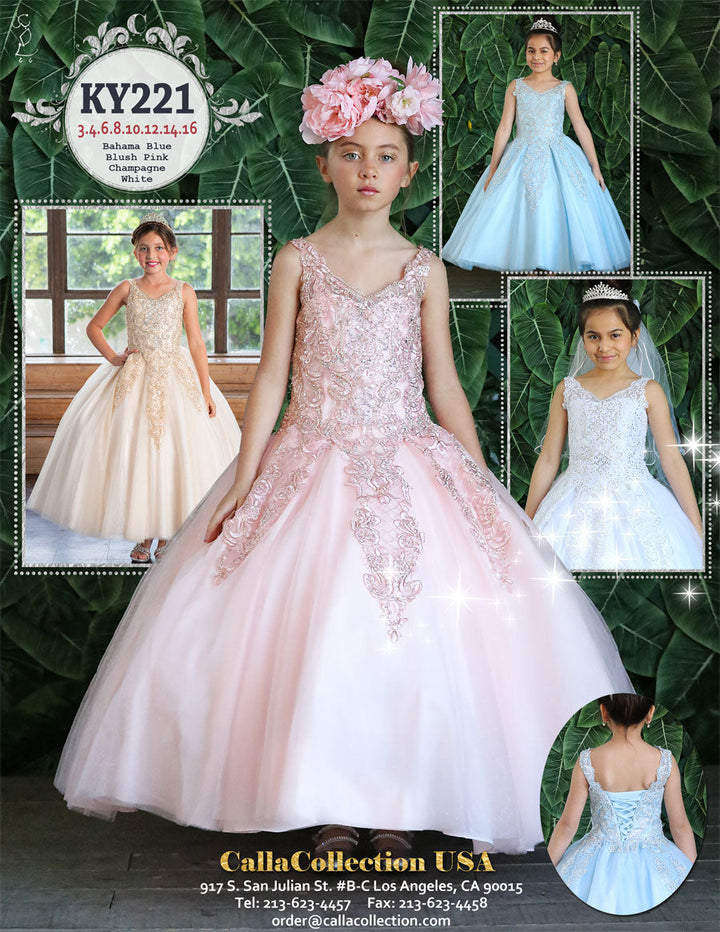 Girls Long Lace Applique A-line Dress by Calla KY-221